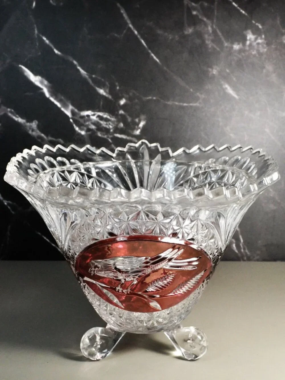 Hofbauer Byrdes Ruby Red Crystal 3 Footed Bowl Germany Vintage